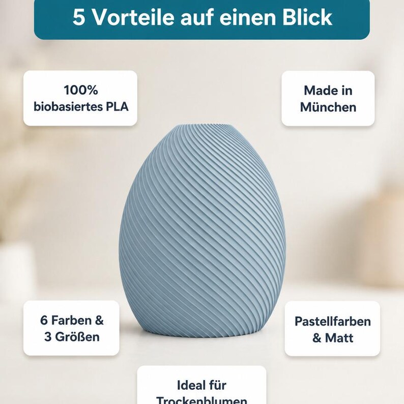 5 Vorteile Bonbon Bonessa Vase: Bambu PLA Matte · Made in München · 6 Farben & 3 Größen · Pastellfarben & Matt · Ideal für Trockenblumen · MyDesignStyle.
