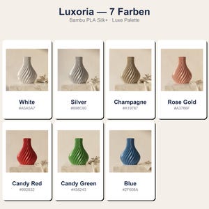 Farbübersicht der Luxoria-Designvase – 7 Premium-Farben in Bambu PLA Silk+: Weiß, Silber, Champagner, Rose Gold, Bonbonrot, Bonbongrün, Blau.
