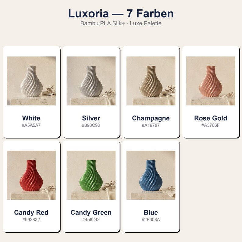 Farbübersicht der Luxoria-Designvase – 7 Premium-Farben in Bambu PLA Silk+: Weiß, Silber, Champagner, Rose Gold, Bonbonrot, Bonbongrün, Blau.