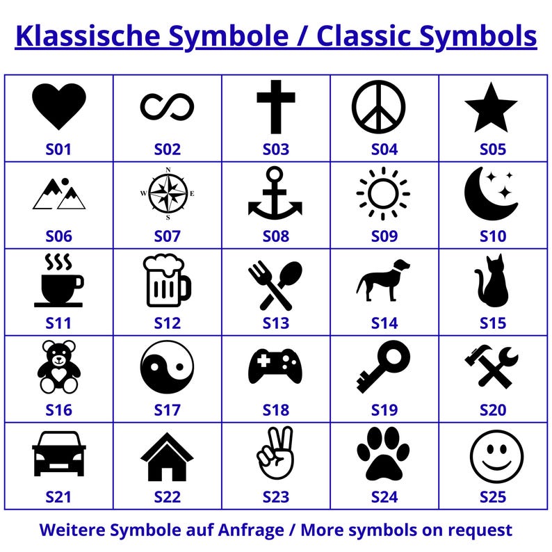 Übersicht klassischer Gravursymbole für personalisierte Produkte. Gezeigt werden 25 Motive in klarer, schwarzer Darstellung – darunter Herz, Unendlichkeit, Kreuz, Anker, Kompass, Sonne, Mond, Hund, Katze, Bär, Yin-Yang, Pfote und Smiley. Jedes Symbol ist mit einer Kennung (S01–S25) versehen. Ideal zur Auswahl für individuelle Lasergravuren auf Schlüsselanhängern, Holzlöffeln, Schneidebrettern oder anderen Geschenkartikeln.