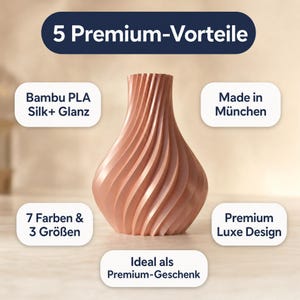 5 Premium-Vorteile der Luxoria-Designvase aus der Luxe-Kollektion: handgefertigt aus Bambu PLA Silk+, 100% biobasiert, recyclebar, Made in München, Premium-Verpackung.