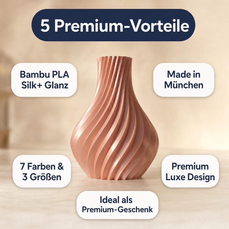 5 Premium-Vorteile der Luxoria-Designvase aus der Luxe-Kollektion: handgefertigt aus Bambu PLA Silk+, 100% biobasiert, recyclebar, Made in München, Premium-Verpackung.