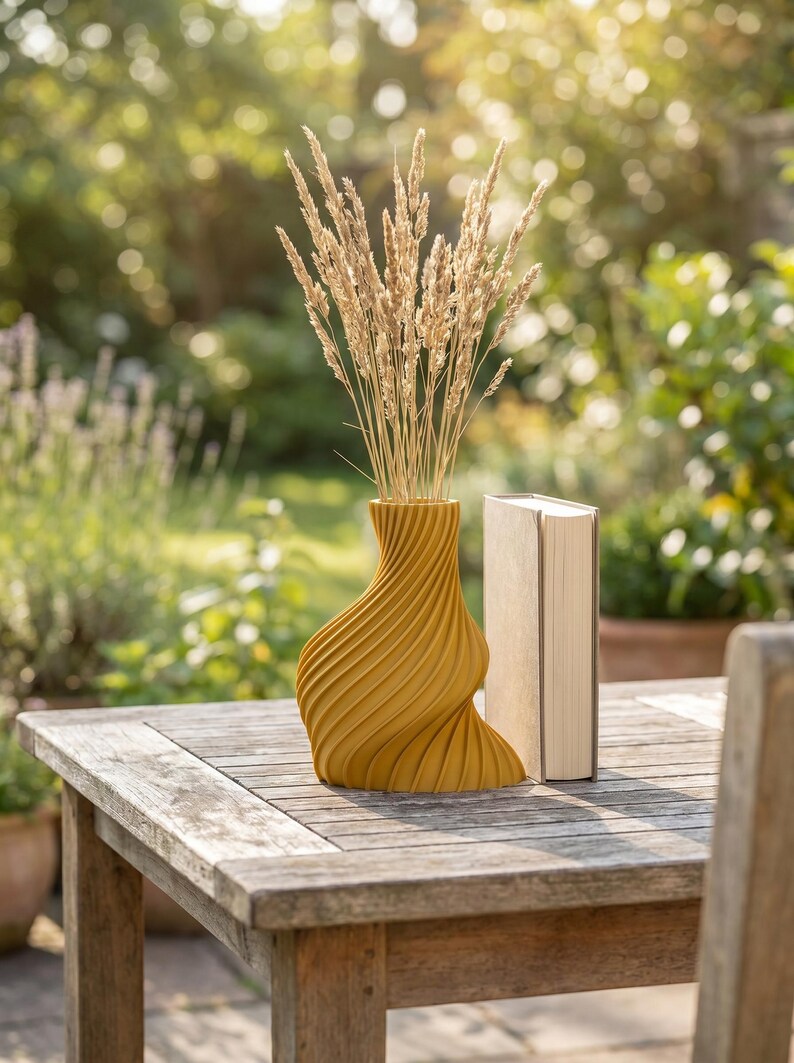 Deko-Vase Organisch Arbor Ockergelb — Garten Terrasse · Schlanke Organisch-Form mit Holzstruktur, Bambu PLA Wood · Made in Germany · MyDesignStyle.