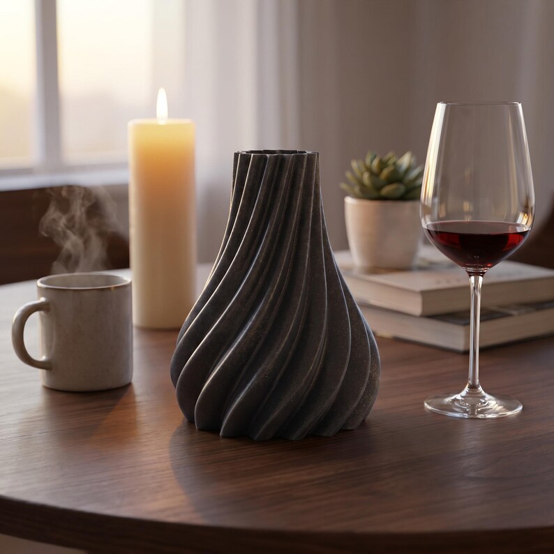 Futuristisch Futura Vase Grey Sparkle im Ambiente Dunkles Studio-Regal · Elegante hochform mit futuristischer linienführung, Bambu PLA Galaxy · 3D Druck handgefertigt München MyDesignStyle MDS.