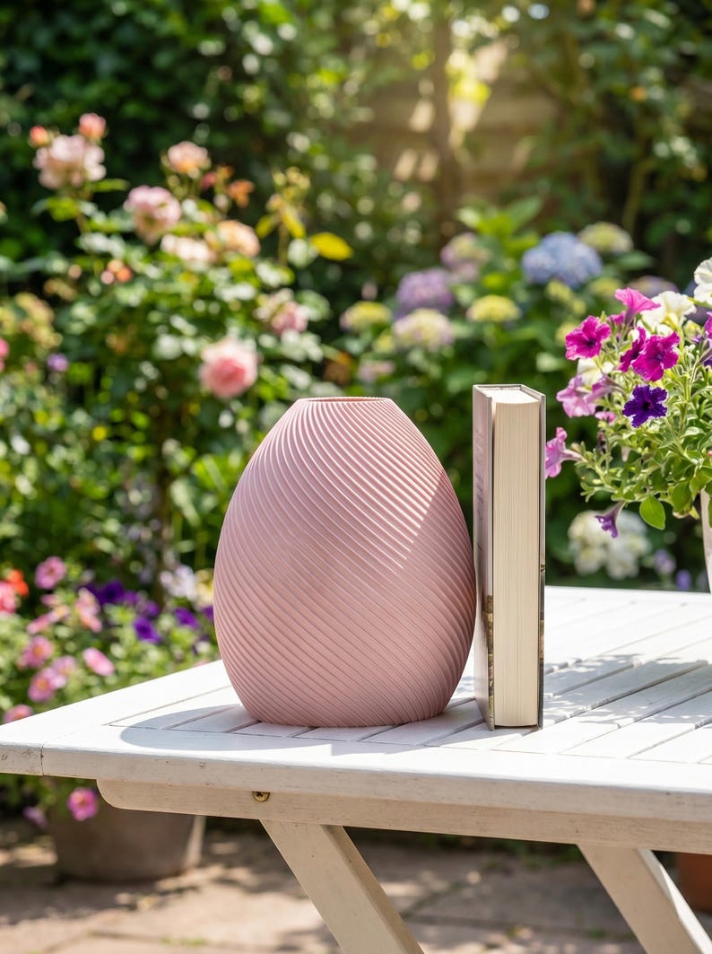 Deko-Vase Bonbon Bonessa Sakura-Rosa — Garten im Freien · Bauchige Candy-Form in weicher Pastell-Matte, Bambu PLA Matte · Made in Germany · MyDesignStyle.