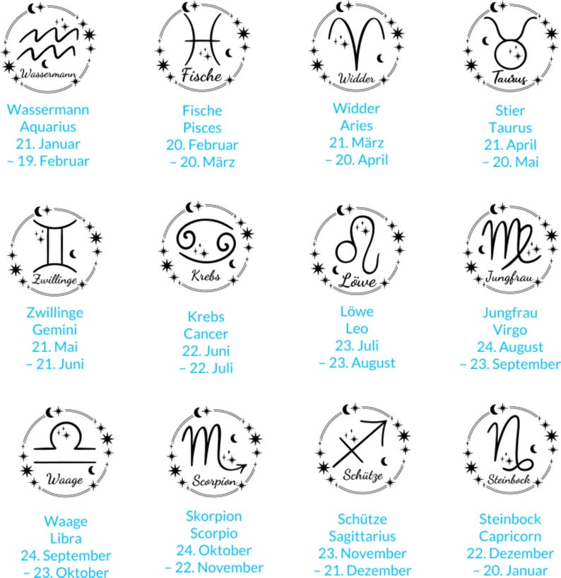 Grafische Übersicht aller zwölf Sternzeichen-Symbole, jeweils mit astrologischem Zeichen, dekorativen Sternen und Beschriftung in Deutsch und Englisch. Angezeigt werden Wassermann, Fische, Widder, Stier, Zwillinge, Krebs, Löwe, Jungfrau, Waage, Skorpion, Schütze und Steinbock, ergänzt um die jeweiligen Zeiträume. Das Design ist modern, klar strukturiert und dient zur Auswahl des passenden Sternzeichens für die Gravur der Schlüsselanhänger.
