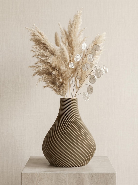 3D Druck Vase Botania Holz Look – Trockenblumenvase Pampasgras Skandinavisch – Dekovase Groß