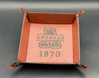 Bandeja de piel sintética, estilo vintage, personalizada con grabado de nombre, color marrón.