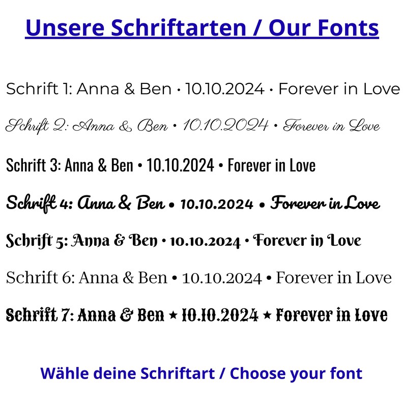 Übersicht der verfügbaren Schriftarten für Gravuren. Sieben verschiedene Schriften von klassisch, modern bis verspielt. Kunden können ihre Lieblingsschrift für die Personalisierung wählen.