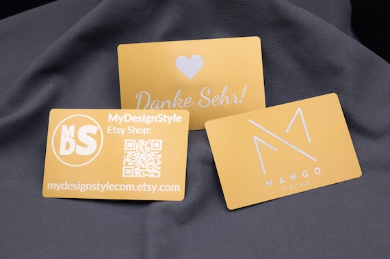 Metall Visitenkarte Gold personalisiert mit Lasergravur – 12 Stück Aluminium – Business Card QR Code