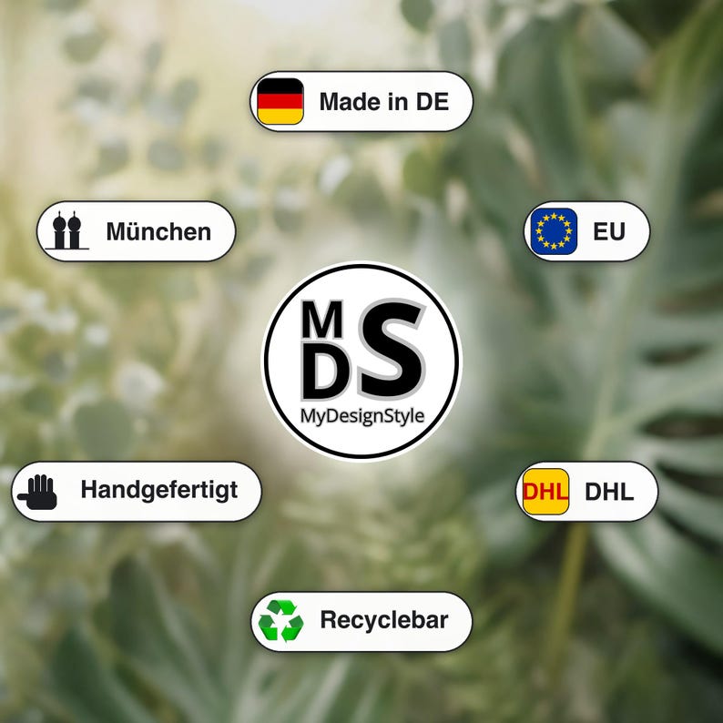 MyDesignStyle — 3D-gedruckte Dekovasen handgefertigt in München · Made in Germany · Biobasiertes PLA · Nachhaltig verpackt · Schneller Versand · MyDesignStyle.