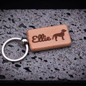 Rechteckiger Schlüsselanhänger aus massivem Buchenholz, graviert mit dem Namen Ellie und einem Hundesymbol. Der Schlüsselanhänger misst ca. 5 cm Länge, hat eine glatte Oberfläche, abgerundete Kanten und ist mit einem stabilen Schlüsselring aus Edelstahl ausgestattet. Eine individuelle Geschenkidee für Hundefreunde oder Tierliebhaber, perfekt als personalisierter Begleiter für Schlüssel, Tasche oder Rucksack mit langlebiger Lasergravur.