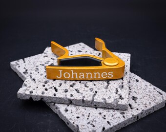 Cejilla de guitarra personalizada con nombre grabado – metal dorado – regalo para guitarristas y bajistas