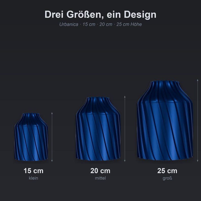 Größenvergleich Industriell Urbanica: 15 cm, 20 cm, 25 cm Höhe · Bambu PLA Metal 3D Druck handgefertigt München MyDesignStyle MDS.