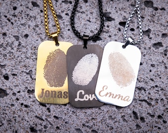 Collar de acero inoxidable para hombre con grabado de huella dactilar - colgante de placa de identificación personalizada con nombre o texto, cadena de 60 cm.