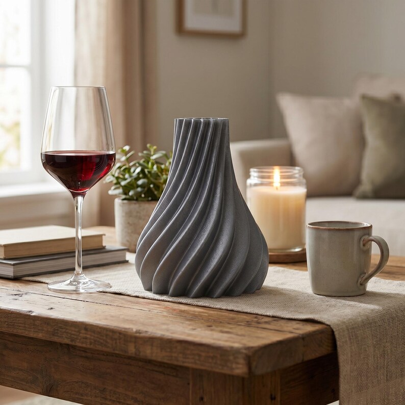 Futuristisch Futura Vase Grey Sparkle im Ambiente Kosmische Fensterbank · Elegante hochform mit futuristischer linienführung, Bambu PLA Galaxy · 3D Druck handgefertigt München MyDesignStyle MDS.