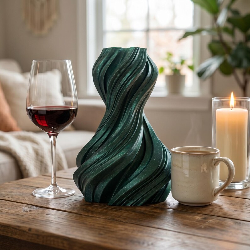 K&ouml;nnte beinhalten: Eine abstrakte Vase in T&uuml;rkis mit einem Wirbeldesign steht auf einem Holztisch, neben einem Glas Rotwein, einer Tasse und einer brennenden Kerze in einem Glashalter. Die Vase hat eine strukturierte Oberfl&auml;che und eine einzigartige, k&uuml;nstlerische Form.