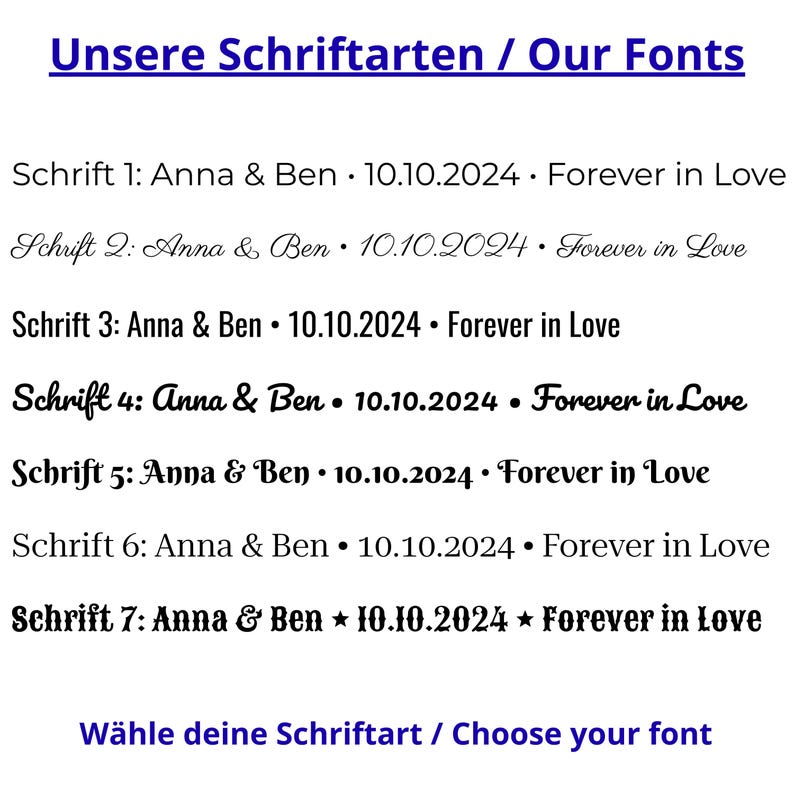 Übersicht der auswählbaren Gravur-Schriftarten für personalisierte Produkte, dargestellt mit dem Beispieltext „Anna & Ben · 10.10.2024 · Forever in Love“. Es stehen sieben verschiedene Schriftstile zur Verfügung – von klassisch schlicht (Schrift 1, 3, 5, 6) über elegant geschwungen (Schrift 2, 4) bis verspielt dekorativ (Schrift 7). Der Hinweis „Wähle deine Schriftart / Choose your font“ ist in blauer Schrift hervorgehoben.