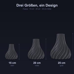 Futuristisch Futura Größenvergleich 15 cm, 20 cm, 25 cm · Elegante hochform mit futuristischer linienführung · Bambu PLA Galaxy 3D Druck München MyDesignStyle.