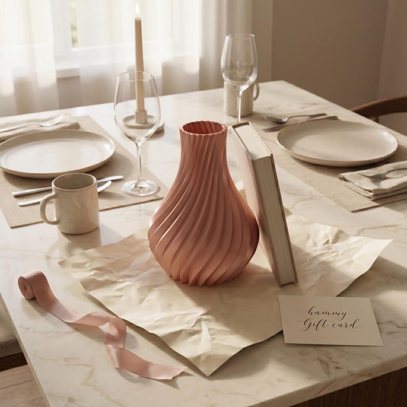 Designvase Luxoria der Luxe-Linie auf einem Kaminsims mit Kerzenlicht – warmes, einladendes Ambiente. Premium 3D-Druck in Bambu PLA Silk+, glänzende Oberfläche. Made in München.