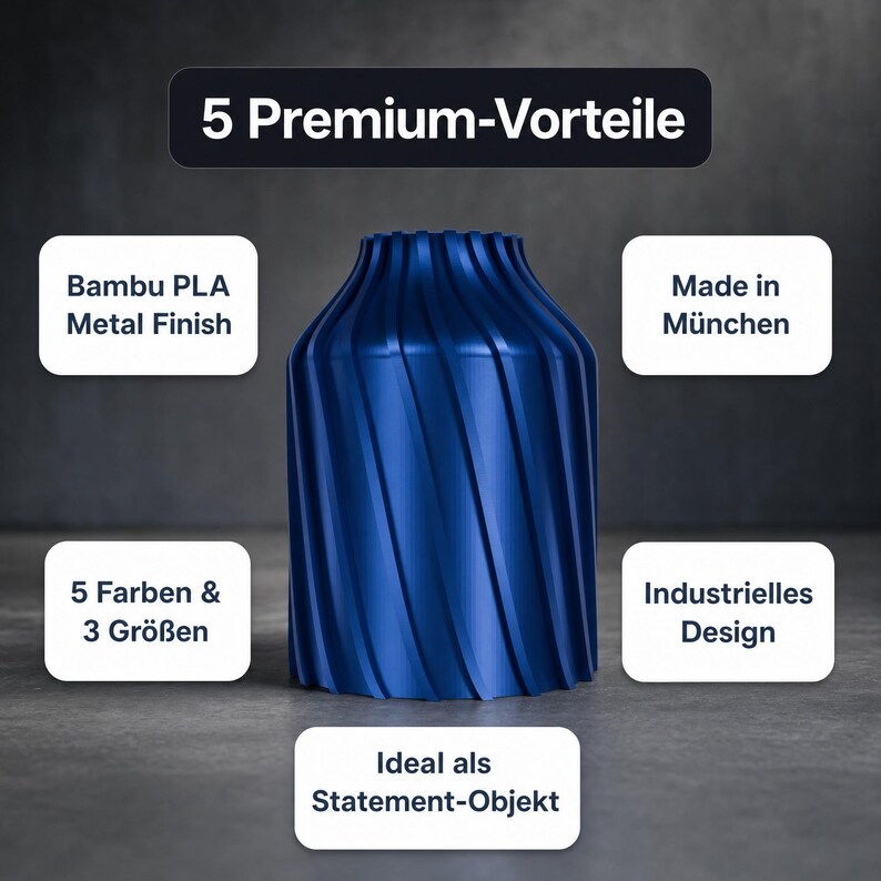 5 Vorteile Industriell Urbanica Vase: Bambu PLA Metal Finish · Made in München · 5 Farben & 3 Größen · Industrielles Design · Statement-Objekt · MyDesignStyle.