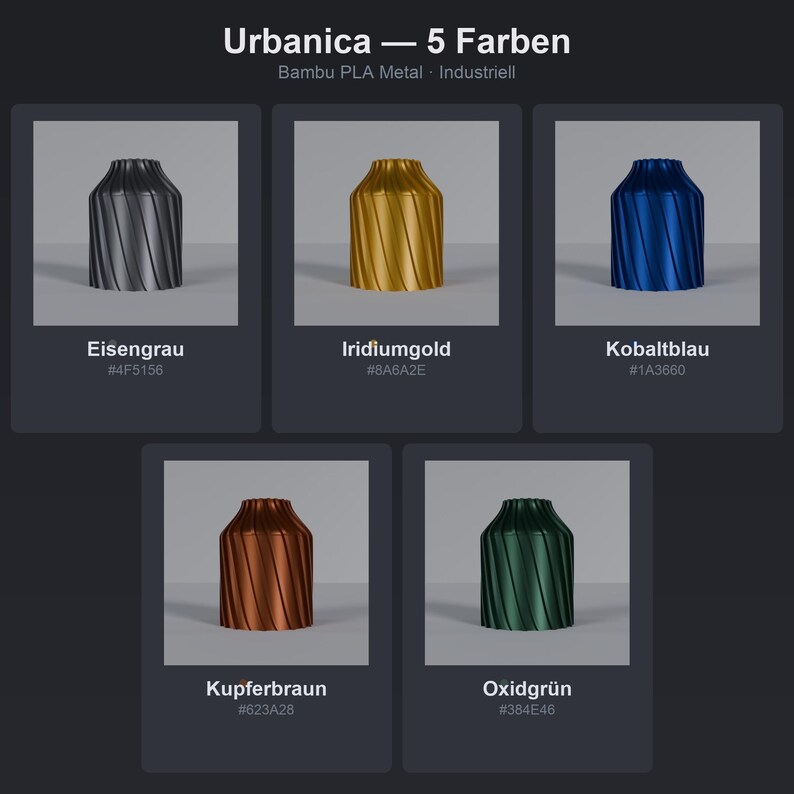 Farb-Übersicht Industriell Urbanica: Eisengrau, Iridiumgold, Kobaltblau, Kupferbraun, Oxidgrün · Bambu PLA Metal 3D Druck München MyDesignStyle.
