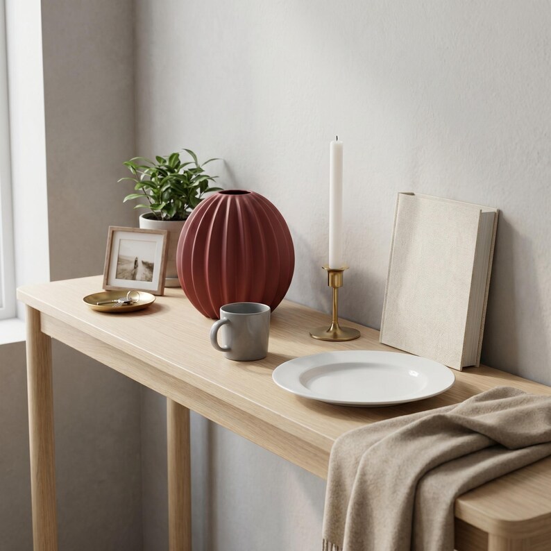 May include: A wooden console table with various decorative items. A ribbed, burgundy vase, a small framed photo, a gold-toned dish, and a grey mug are arranged on the table. A white plate, a candle in a gold holder, and a beige book are also present.