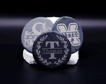 Personalized round slate coasters with monogram and name