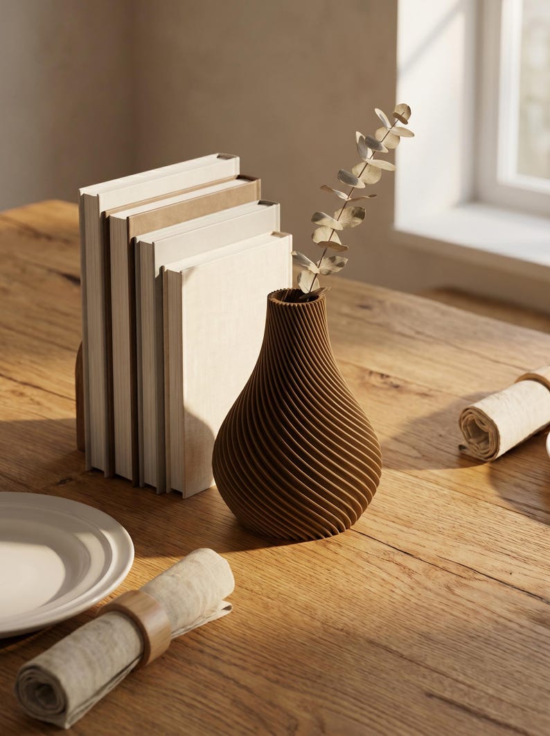 Deko-Vase Organisch Botania Lehmbraun — Natürlicher Esstisch · Geschwungene Organisch-Form mit Holzmaserung, Bambu PLA Wood · Made in Germany · MyDesignStyle.