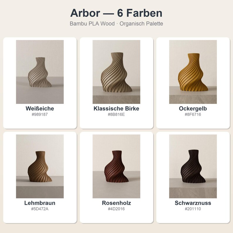 Organisch Arbor Vase: alle 6 Farben im Überblick · Bambu PLA Wood · Handgefertigt in München · Made in Germany · MyDesignStyle.