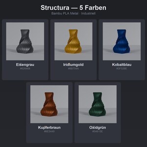 Farb-Übersicht Industriell Structura: Eisengrau, Iridiumgold, Kobaltblau, Kupferbraun, Oxidgrün · Bambu PLA Metal 3D Druck München MyDesignStyle.