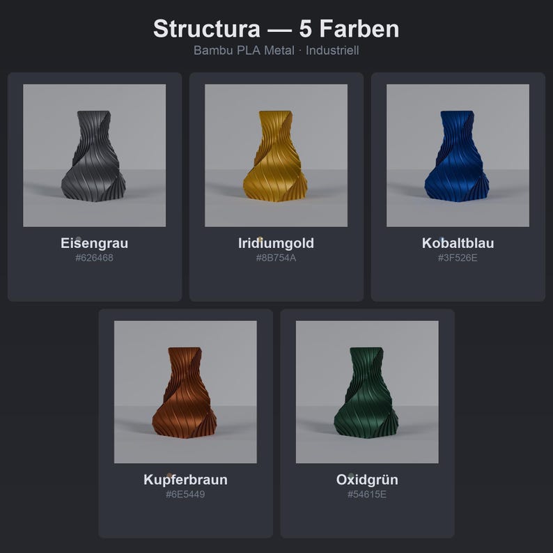 Farb-Übersicht Industriell Structura: Eisengrau, Iridiumgold, Kobaltblau, Kupferbraun, Oxidgrün · Bambu PLA Metal 3D Druck München MyDesignStyle.