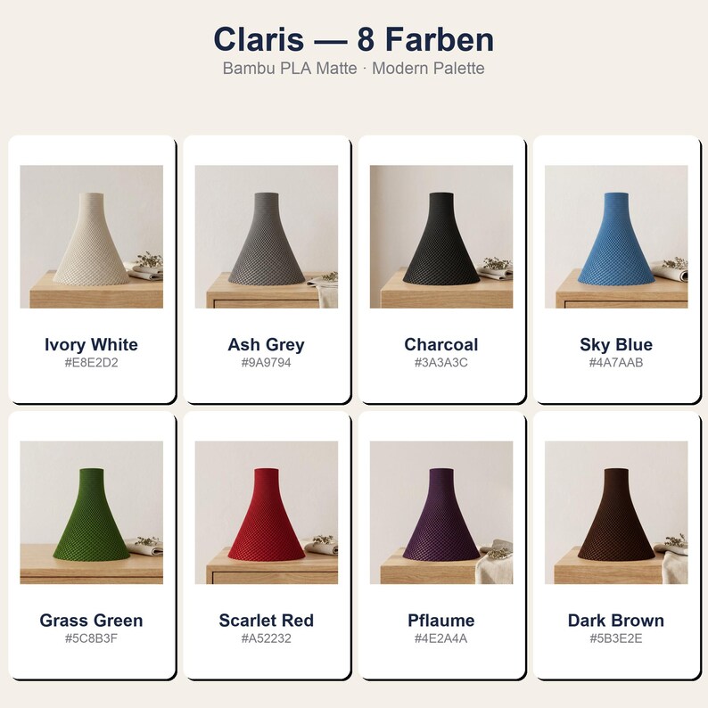Peut inclure: Pr&eacute;sentation de huit abat-jours coniques de diff&eacute;rentes couleurs : blanc ivoire, gris cendr&eacute;, charbon, bleu ciel, vert herbe, rouge &eacute;carlate, prune et marron fonc&eacute;. Le texte "Claris - 8 Farben" et "Bambu PLA Matte Modern Palette" est affich&eacute;.