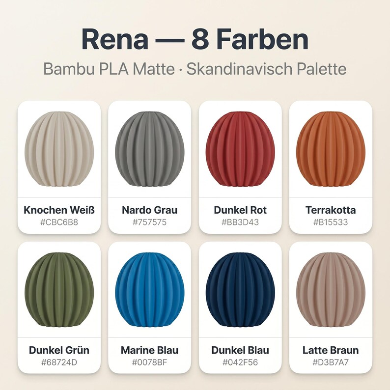 May include: An image displaying eight ribbed, spherical decorative objects in a range of colours: beige, grey, red, orange, green, blue, navy, and brown. Each object is labelled with its colour name and hexadecimal code.