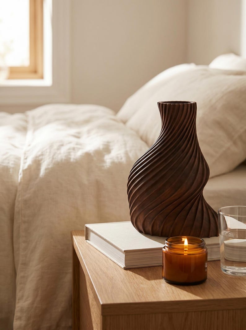 Deko-Vase Organisch Arbor Schwarznuss — Morgendliches Schlafzimmer · Schlanke Organisch-Form mit Holzstruktur, Bambu PLA Wood · Made in Germany · MyDesignStyle.