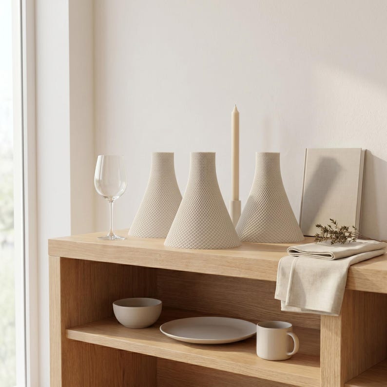 Peut inclure: Trois vases d&eacute;coratifs beiges en forme de c&ocirc;ne avec une surface textur&eacute;e sont expos&eacute;s sur une &eacute;tag&egrave;re en bois. Un verre &agrave; vin, une bougie, un petit bol, une assiette, une tasse et une serviette en lin pli&eacute;e compl&egrave;tent le d&eacute;cor minimaliste.