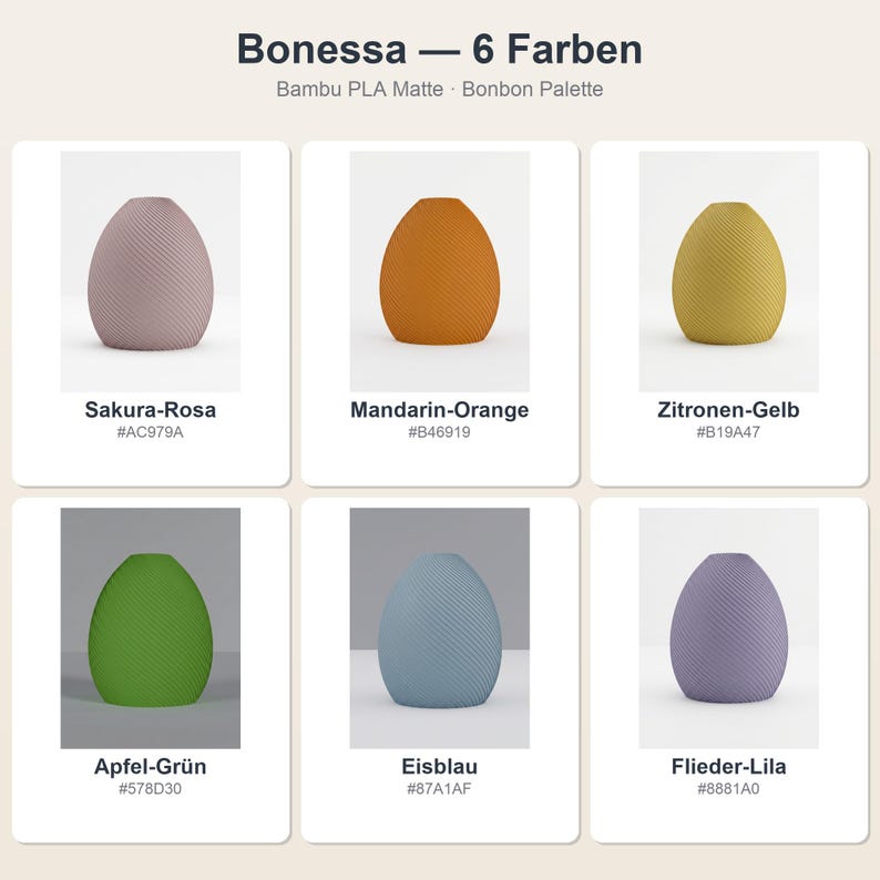Bonbon Bonessa Vase: alle 6 Farben im Überblick · Bambu PLA Matte · Handgefertigt in München · Made in Germany · MyDesignStyle.