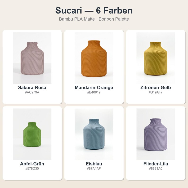Bonbon Sucari Vase: alle 6 Farben im Überblick · Bambu PLA Matte · Handgefertigt in München · Made in Germany · MyDesignStyle.