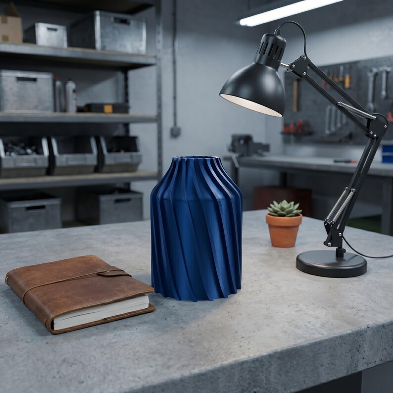 Industriell Urbanica Vase Kobaltblau im Ambiente Arbeitstisch · Breiter Zylinder mit kräftigen Diagonalfluten, Bambu PLA Metal · 3D Druck handgefertigt München MyDesignStyle MDS.