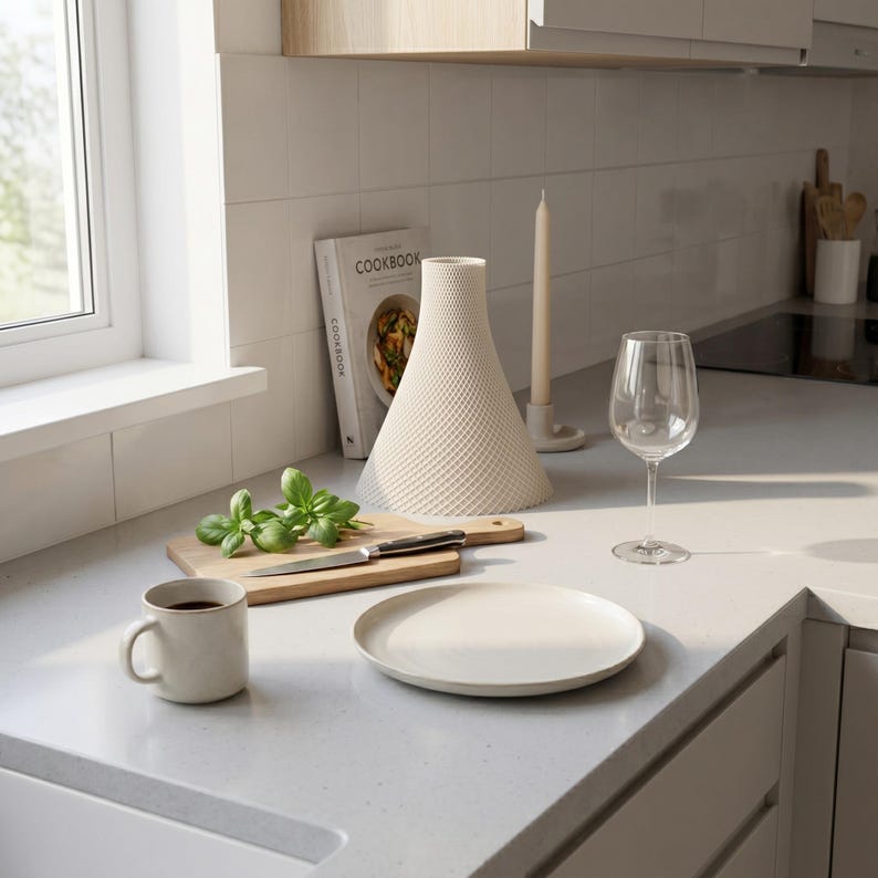 Peut inclure: Sc&egrave;ne de cuisine avec un livre de cuisine, un vase d&eacute;coratif blanc textur&eacute;, une planche &agrave; d&eacute;couper avec du basilic et un couteau, une tasse, une assiette, un verre &agrave; vin et une bougie. Le livre de cuisine est ouvert sur une page avec une photo de nourriture.