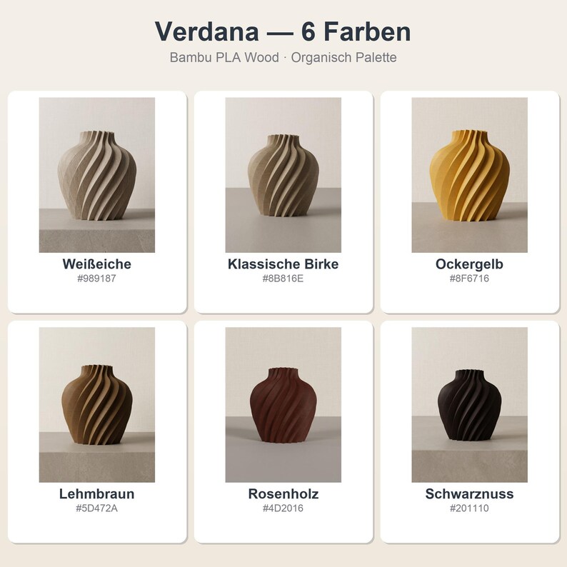 Organisch Verdana Vase: alle 6 Farben im Überblick · Bambu PLA Wood · Handgefertigt in München · Made in Germany · MyDesignStyle.