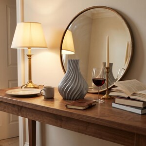 Designvase Luxoria aus der Luxe-Kollektion im Schlafzimmer-Boudoir – luxuriöser Wohnstil mit weichen Stoffen. 3D-Druck, Bambu PLA Silk+. Made in München.