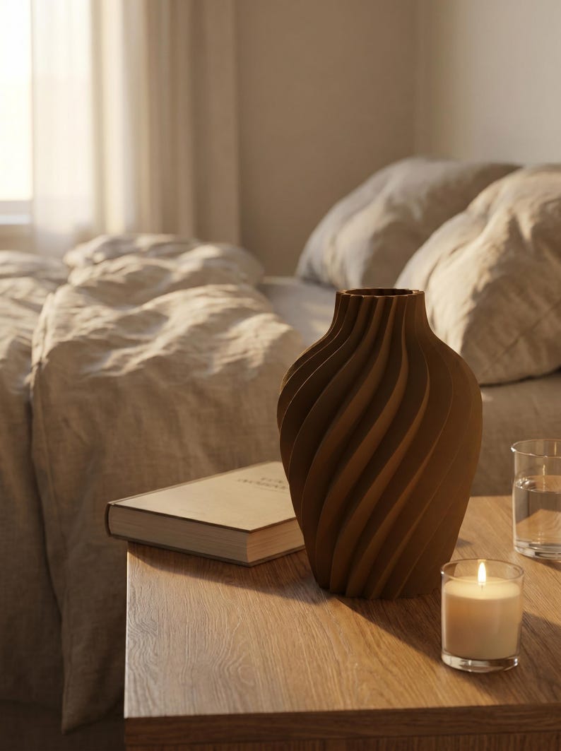 Deko-Vase Organisch Verdana Lehmbraun — Morgendliches Schlafzimmer · Breite Organisch-Form mit Naturholz-Oberfläche, Bambu PLA Wood · Made in Germany · MyDesignStyle.