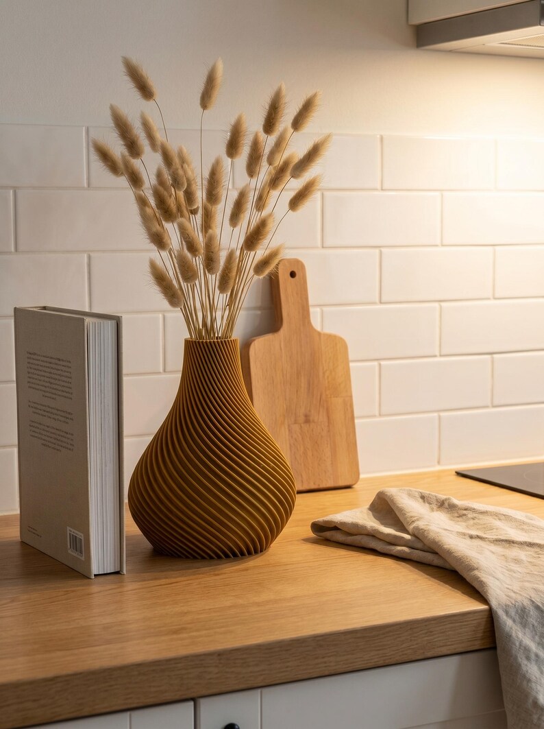 Deko-Vase Organisch Botania Ockergelb — Küchentheke · Geschwungene Organisch-Form mit Holzmaserung, Bambu PLA Wood · Made in Germany · MyDesignStyle.