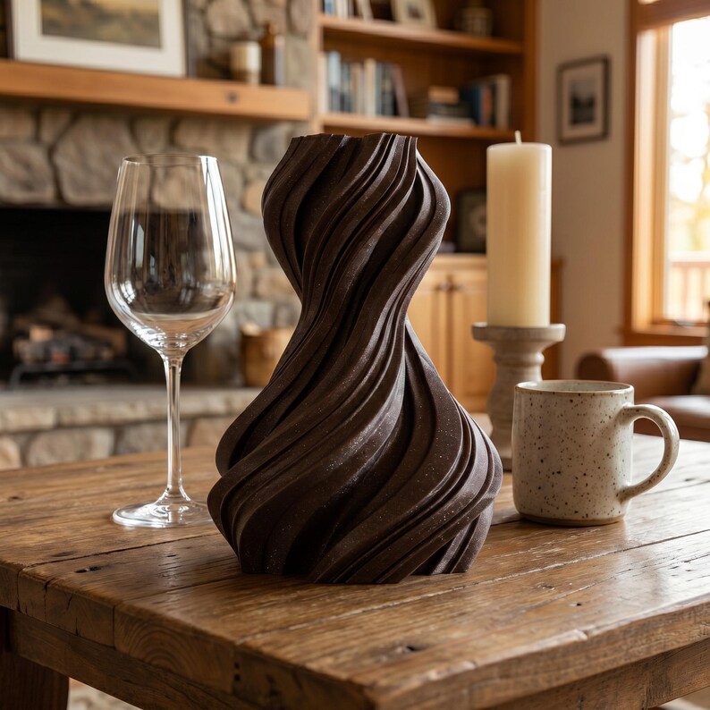 K&ouml;nnte beinhalten: Eine dunkelbraune, skulpturale Vase mit einem wirbelnden, strukturierten Design steht auf einem Holztisch. Ein Weinglas, eine Kerze und eine gesprenkelte Tasse stehen ebenfalls auf dem Tisch. Der Hintergrund umfasst einen Kamin, B&uuml;cherregale und ein Fenster.
