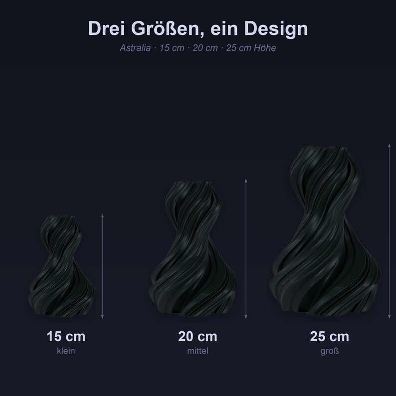 K&ouml;nnte beinhalten: Drei schwarze dekorative Vasen in verschiedenen Gr&ouml;&szlig;en mit einem wirbelnden Design. Die kleinste Vase ist 15 cm hoch, die mittlere 20 cm und die gr&ouml;&szlig;te 25 cm. Der Text lautet "Drei Gr&ouml;&szlig;en, ein Design".