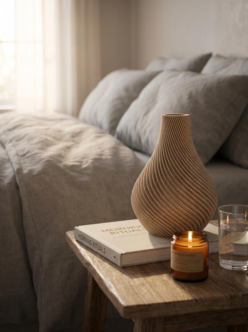 Deko-Vase Organisch Botania Weißeiche — Morgendliches Schlafzimmer · Geschwungene Organisch-Form mit Holzmaserung, Bambu PLA Wood · Made in Germany · MyDesignStyle.