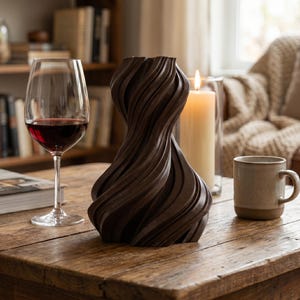 K&ouml;nnte beinhalten: Eine dunkelbraune, skulpturale Vase mit einem wirbelnden, strukturierten Design steht auf einem Holztisch. Ein Weinglas mit Rotwein, eine brennende Kerze und eine Tasse befinden sich ebenfalls auf dem Tisch und schaffen eine gem&uuml;tliche Wohnszene.
