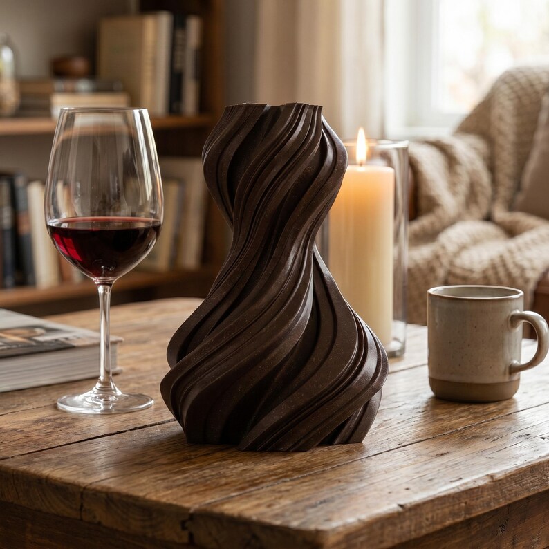K&ouml;nnte beinhalten: Eine dunkelbraune, skulpturale Vase mit einem wirbelnden, strukturierten Design steht auf einem Holztisch. Ein Weinglas mit Rotwein, eine brennende Kerze und eine Tasse befinden sich ebenfalls auf dem Tisch und schaffen eine gem&uuml;tliche Wohnszene.