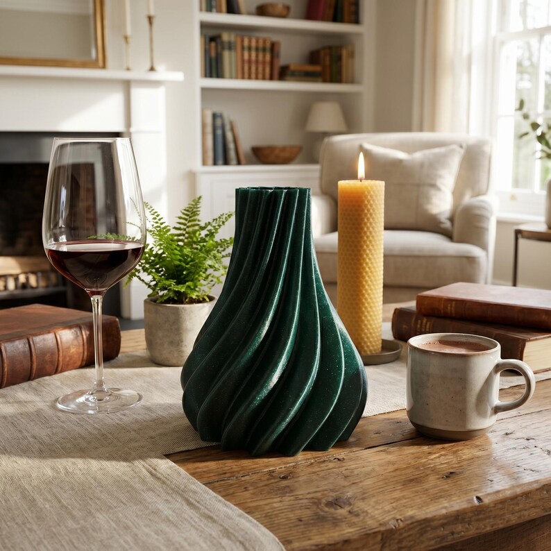 Futuristisch Futura Vase Nebula Green im Ambiente Space-Lab Schreibtisch · Elegante hochform mit futuristischer linienführung, Bambu PLA Galaxy · 3D Druck handgefertigt München MyDesignStyle MDS.